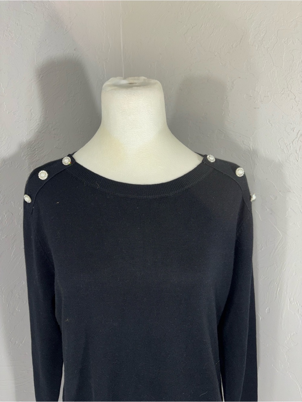 Carolyn Taylor Black Pearl-Button Shoulder Sweater